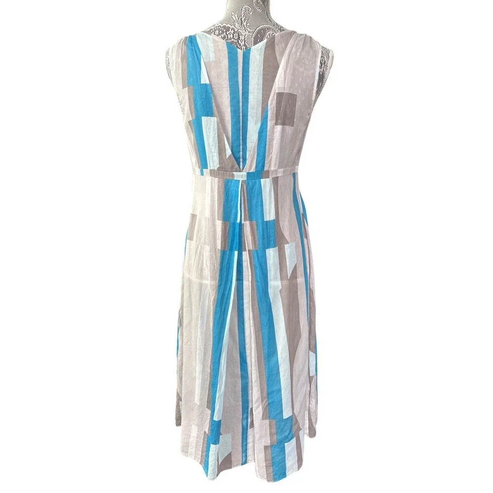 Calvin Klein Silk Cotton Blend Boho Chic Dress Gray Blue Geometric Print‎ Sz6 - Picture 2 of 14